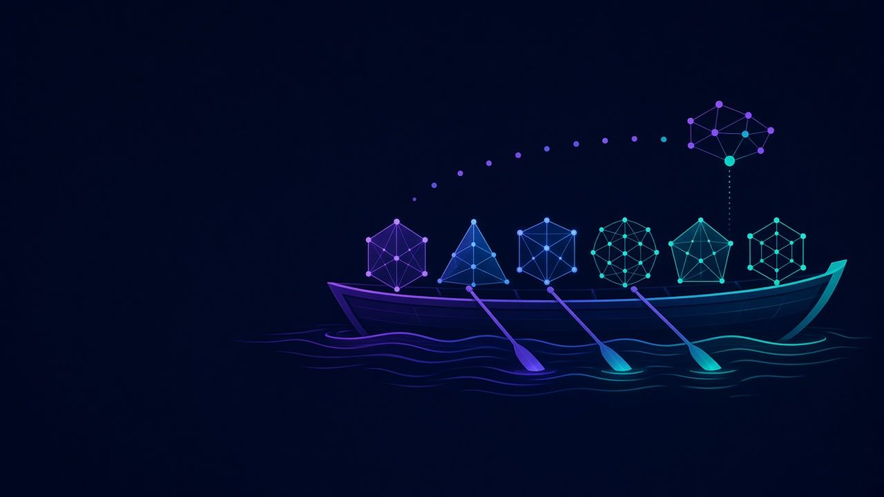 A crew of geometric node shapes rowing a boat together, guided by a network above.