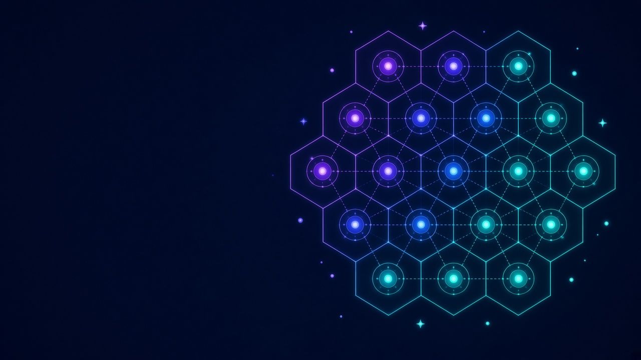 A honeycomb of hexagonal cells, each holding a glowing node linked to its neighbours.