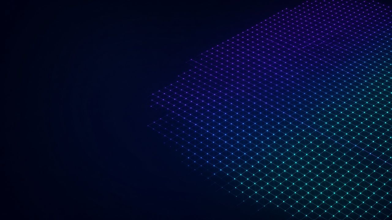 A vast glowing lattice grid of tiny points fading from violet to teal.