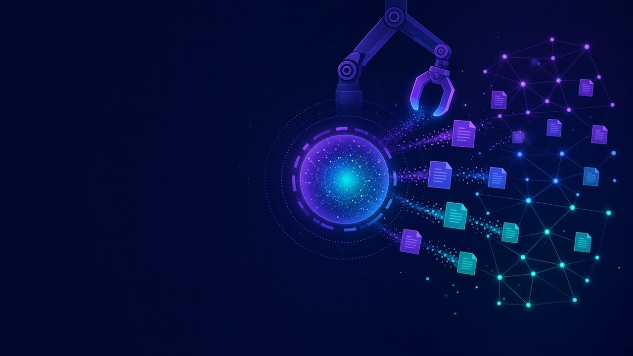 A robotic claw retrieving documents from a knowledge network into a glowing orb.